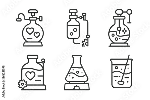 Nostalgic Mixer Icons. Line style icons of nostalgia compound mixers: sentimental liquid mixer, memory infusion vial, emotional