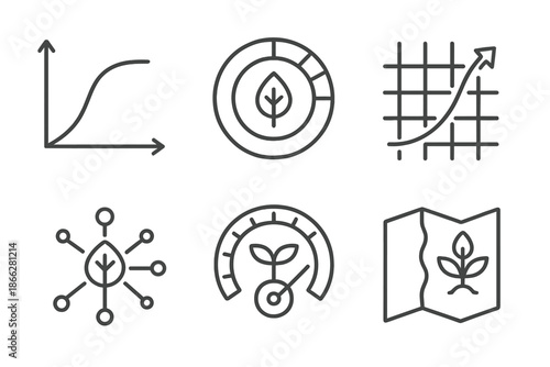 Photosynthesis Icon Set. Line style icons of adaptive photosynthesis systems: light-response chart, chlorophyll efficiency ring,