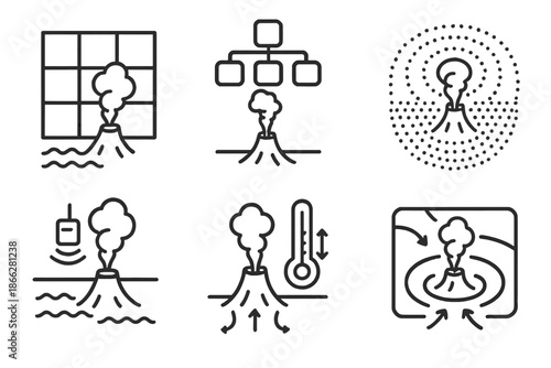 Thermal Vent Ecosystem Icons. Line style icons of thermal vent ecosystem mappers: deep-sea vent grid, hydrothermal flow chart,