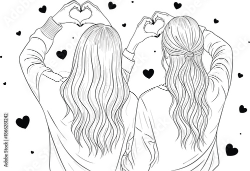 Romantic friendship moment of two women creating heart hand gestures together in a sweet line art illustration filled with love symbols