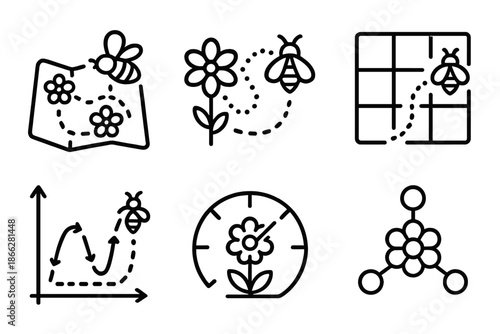 Pollination Tracking Icons. Line style icons of pollination efficiency trackers: flower visitation map, pollen transfer diagram,