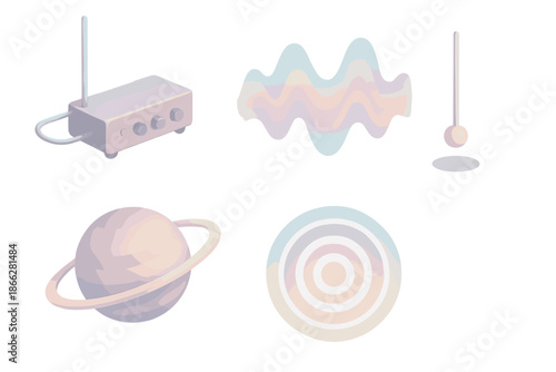Theremin Soundscape Planet. Isometric vector illustration set Theremin Soundscape Planet: floating theremin, glowing sound waves,