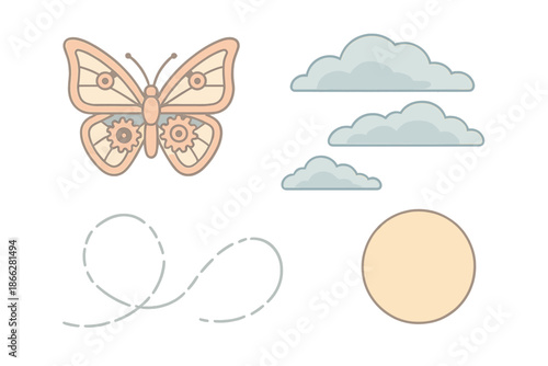 Clockwork Butterfly Migration. Isometric vector illustration set Clockwork Butterfly Migration: mechanical butterfly wings, golden