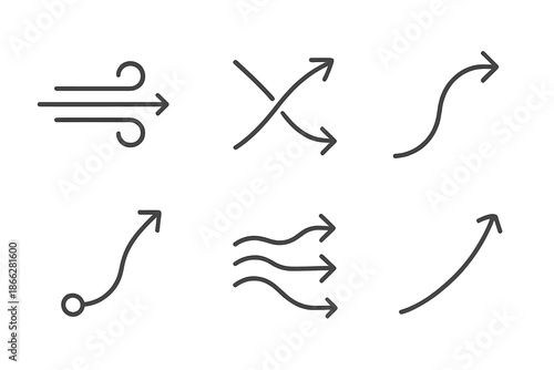 Effortless Direction Icons. Line style icons of effortless direction changes: curved wind path, adaptive course diagram, smooth