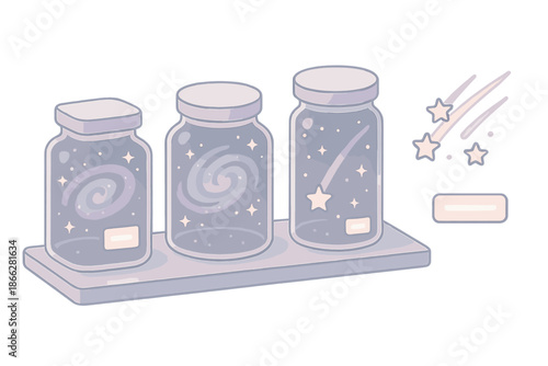 Cosmic Curiosity Cabinet. Isometric vector illustration set Cosmic Curiosity Cabinet: row of specimen jars, tiny galaxies,