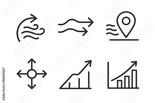 Wind Progress Icons. Line style icons of wind-assisted progress markers: airflow-highlighted path, progress current line, speed
