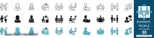 Business people line icon set featuring professional teamwork, corporate leadership, and diversity symbols. Ideal for HR apps, startup websites, and office presentations