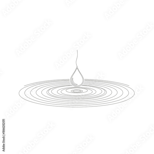 A solitary, crystal-clear water drop descends gracefully, creating expanding concentric ripples on a serene, reflective surface, symbolizing purity and gentle impact.