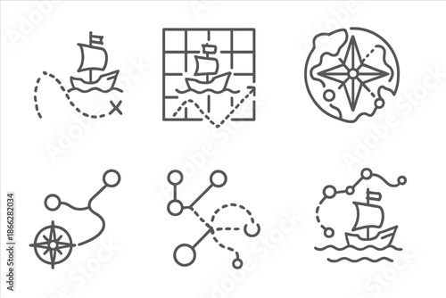 Heritage Voyage Icons. Line style icons of heritage voyage recreators: reconstructed ship route, maritime exploration grid,