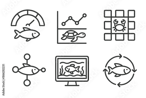Marine Life Welfare Icons. Line style icons of marine life welfare indicators: species health gauge, behavioral monitoring chart,