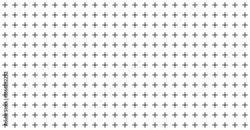 Repeating pattern of bold black plus signs in symmetric vector layout, seamless grid design for fabric, wallpaper, branding, web design, print surface, contemporary minimal background