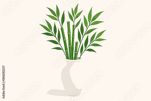 Ceramic Vase with Bamboo. Elegant white ceramic vase filled with vector illustration vibrant green bamboo shoots, minimalist and