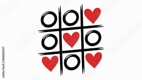Tic Tac Toe Game Grid with Red Hearts and Black Circles on White Background vector illustration