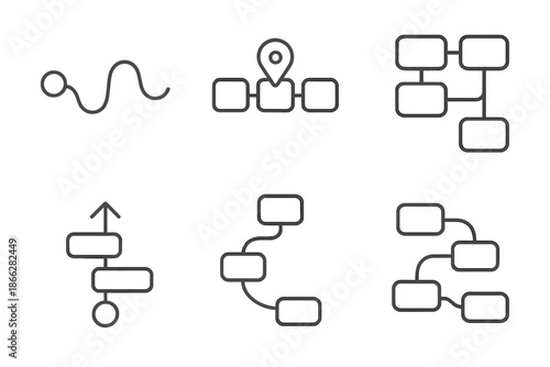 Fluid Task Mapping. Line style icons of ambient task mapping: soft current diagram, fluid milestone overlay, gentle workflow grid,