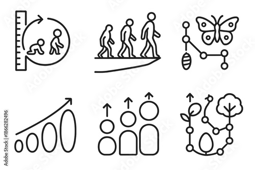 Transformation Milestone Icons. Line style icons of transformation milestones: developmental progress marker, species evolution