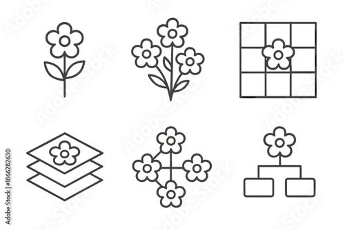 Epoch Flower Icons. Line style icons of epoch arrangement tools: period-specific flower layout, historical bouquet interface,
