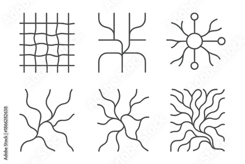 Aquatic Network Icons. Line style icons of aquatic network systems: interconnected stream grid, liquid distribution diagram, flow