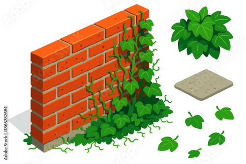 Red Brick Ivy. Isometric vector illustration set Brick Wall Ivy: red brick wall, climbing ivy vines, green leaves cluster, mortar