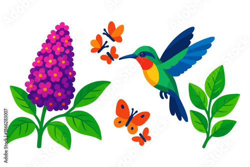 Butterfly Bush Beauty. Isometric vector illustration set Butterfly Bush Hummingbird: flowering shrub, hovering bird, nectar-filled