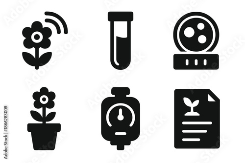 Urban Nectar Icons. Solid style icons of urban nectar trackers: flower sensor, nectar vial, pollen counter, plant pot, measuring