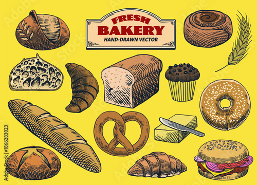 Hand Drawn Collection of Various Types of Bread Bakery