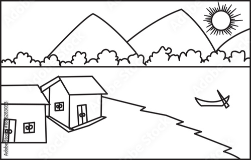 Black and white line art of two huts with a river running down the mountainside, which could be a coloring book page for young children.