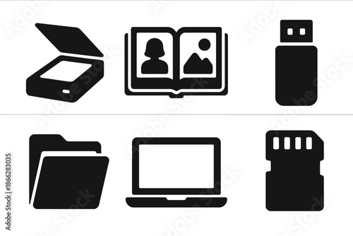 Family History Icons. Solid style icons of family history digitizers: scanner, photo album, USB drive, document folder, laptop,