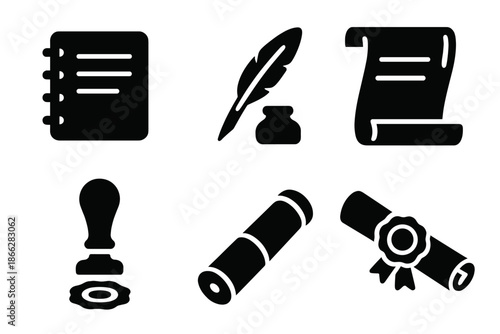 Historical Record Icons. Solid style icons of historical record tools: ledger, quill pen, parchment, archive stamp, sealing wax,
