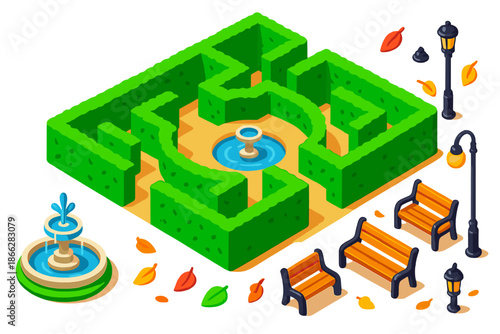 Urban Hedge Maze. Isometric vector illustration set Urban Hedge Maze: tall green hedges, winding pathways, central fountain,
