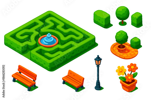Bold Hedge Maze. Isometric vector illustration set Urban Hedge Maze: hedge maze layout, winding paths, trimmed bushes, small