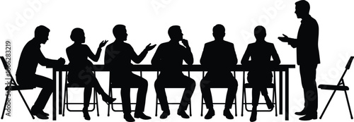 Business meeting silhouette, professional team discussion at conference table, corporate interview panel, leadership presentation, teamwork collaboration concept, management brainstorming in office