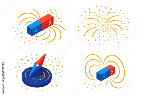 Magnetic Field Portrait. Isometric vector illustration set Magnetic Field Portrait: glowing magnetic field lines, floating iron