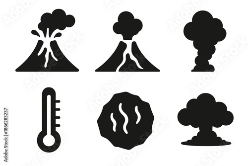 Volcanic Passion Icons. Solid style icons of volcanic peaks of passion: erupting volcano, lava flow, smoke plume, magma rock,