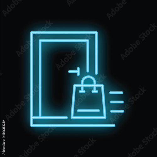 Bright turquoise neon sign of a shopping bag being delivered to a door, representing the concept of online shopping and delivery