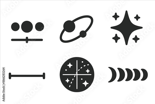 Astral Solid Icons. Solid style icons of astral timeline markers: planetary alignment, orbit path, glowing star, timeline line,