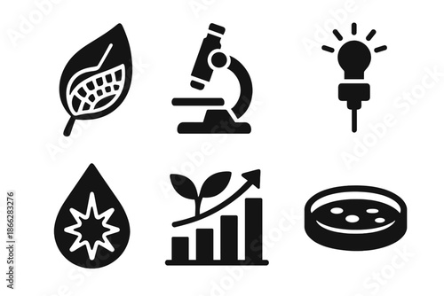 Dark Photosynthesis Icons. Solid style icons of darkness photosynthesis studies: leaf diagram, microscope, light sensor,