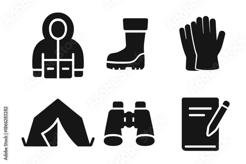 Polar Research Gear. Solid style icons of polar adaptation researchers: parka, boots, gloves, research tent, binoculars, field