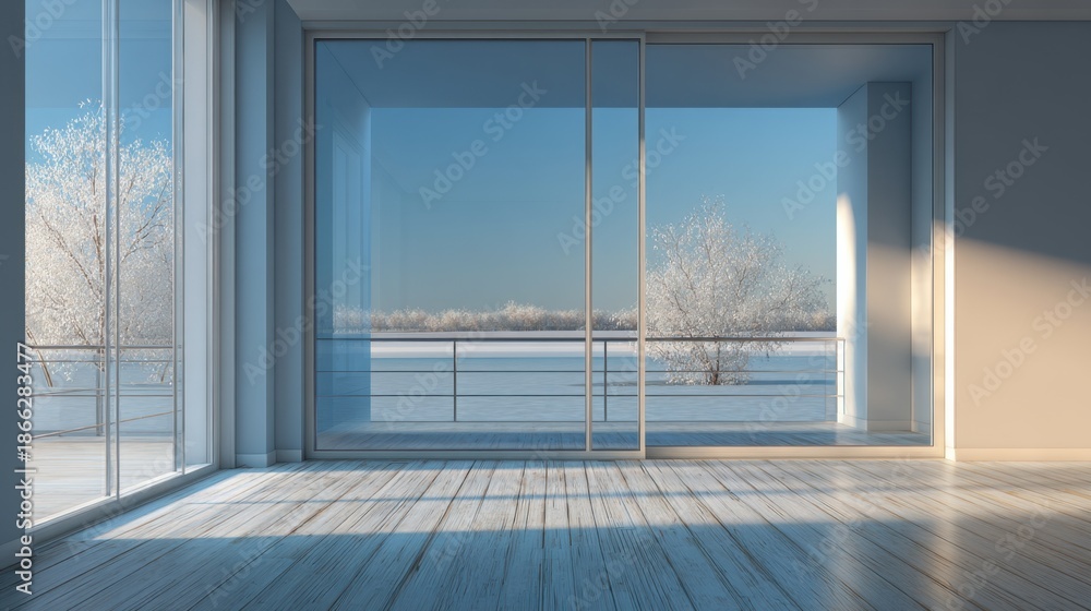 Fototapeta premium Modern minimalist interior with winter lake view and large glass windows for home decor inspiration