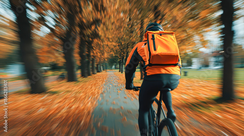 Cyclist with orange backpack rides along autumn avenue covered in fallen leaves