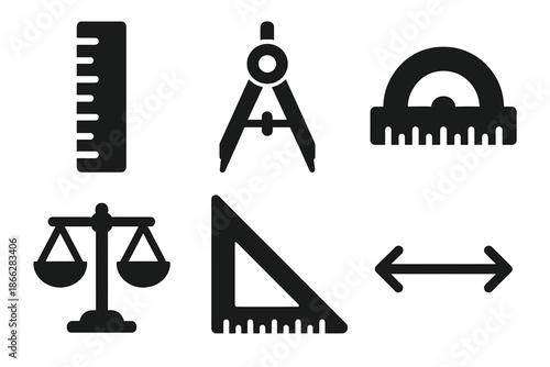 Mathematical Tools Icons. Solid style icons of mathematical proportion tools: ruler, compass, protractor, scale, triangle,