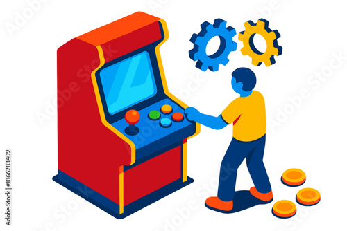 Arcade Game Interaction. Isometric vector illustration set Mechanic Player Interaction: arcade game console, tiny player figure,