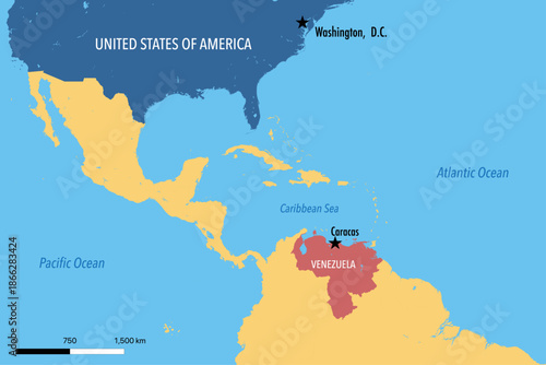 United States and Venezuela Map Highlighting Geopolitical Relations