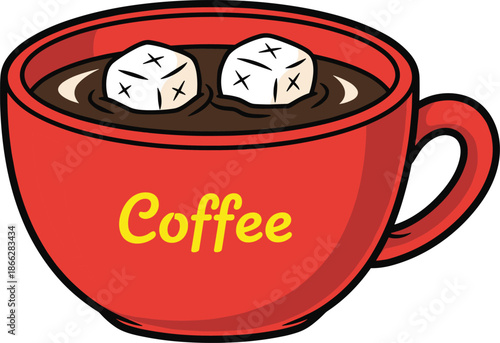 Funny marshmallows in coffee cup, red mug, cartoon style, distressed expressions, hot drink humor, flat vector illustration