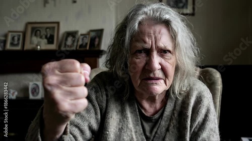 A portrait of an elderly woman with grey hair sitting in an armchair, looking directly at the camera with an angry expression and holding up a clenched fist