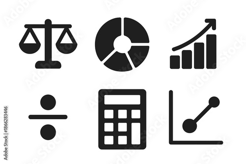 Ratio and Pattern Icons. Solid style icons of ratio and pattern devices: scale balance, segmented circle, step counter, numeric