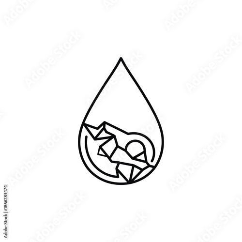 This minimalist line art illustration depicts a delicate water droplet containing fragmented, abstract shapes, symbolizing fragility and environmental concerns.