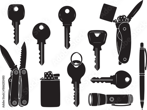 Collection of various keys and tools on white background