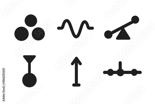 Physics Simulation Icons. Solid style icons of physics simulation activators: particle icon, wave diagram, lever, pendulum, force
