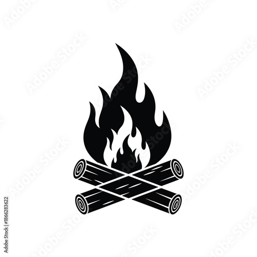 Vector illustration icon black campfire icon with flames and crossed logs on