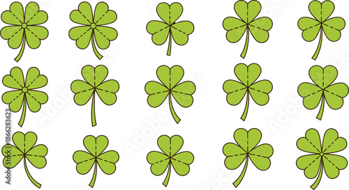 Green clover leaf collection, botanical lucky charm symbols, nature pattern, Irish shamrock set, spring foliage, flat vector illustration